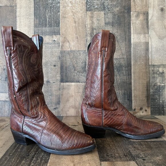 Dan Post Brown Teju Lizard Vibram Sole Moto Cowboy Boots Mens 9.5 D - Picture 3 of 12